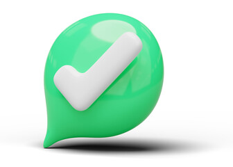 3d check mark bubble icon. Glossy speech balloon with white tick floating on transparent. Symbol Right, ok, yes, accept and safe concept. Cartoon icon minimal style. 3d rendering.