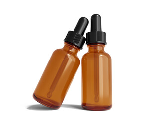 Blank amber glass cosmetic dropper bottle isolated on transparent background, prepared for mockup, 3D render.