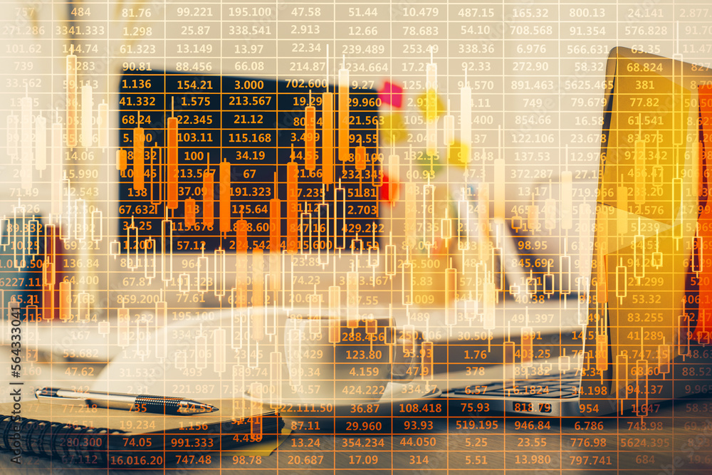 Aufkleber multi exposure of forex graph and work space with computer. concept of international online trading.