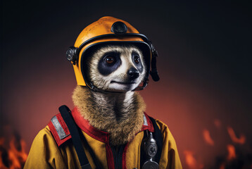 portrait meerkat fireman in uniform, generative ai