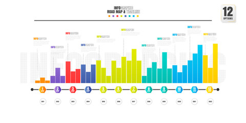 Timeline infographics design template with 12 options, process diagram.