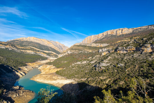 Panoramic of the Noguera Ribagorzana river and the Montrebei gorge in the Protected Natural Area of Montsec in the province of Lleida in Catalonia Spain
