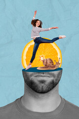 Composite collage photo of youngster satisfied woman jumping energetic carefree summertime fresh...