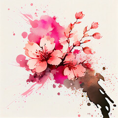 Watercolor blooming sakura flowers with splash background, Generative AI