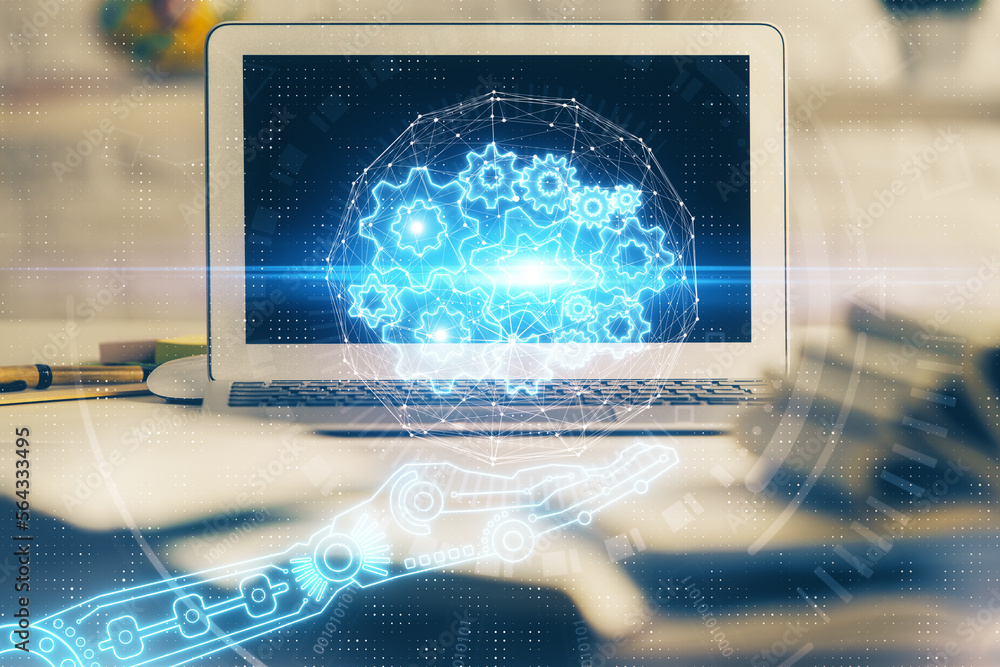 Poster Multi exposure of desktop computer and technology theme hologram. Concept of software development.