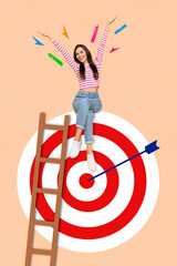 Vertical collage picture of excited positive girl climb ladder sit huge darts board arrow target...