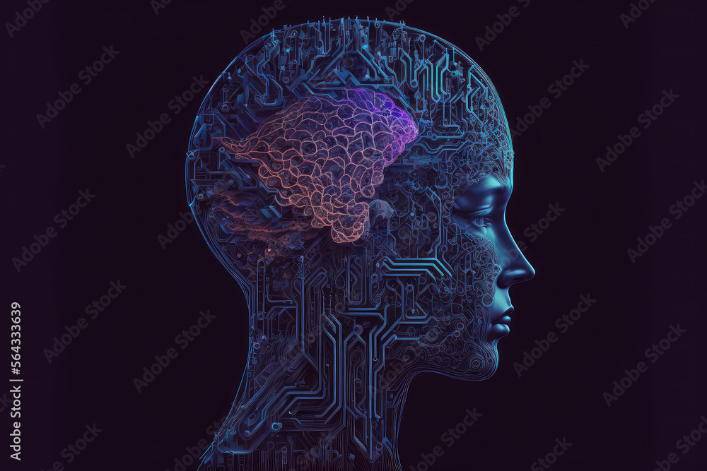 Poster robot brain digital illustration. 3d rendering ai robot think or compute. (ai generated)