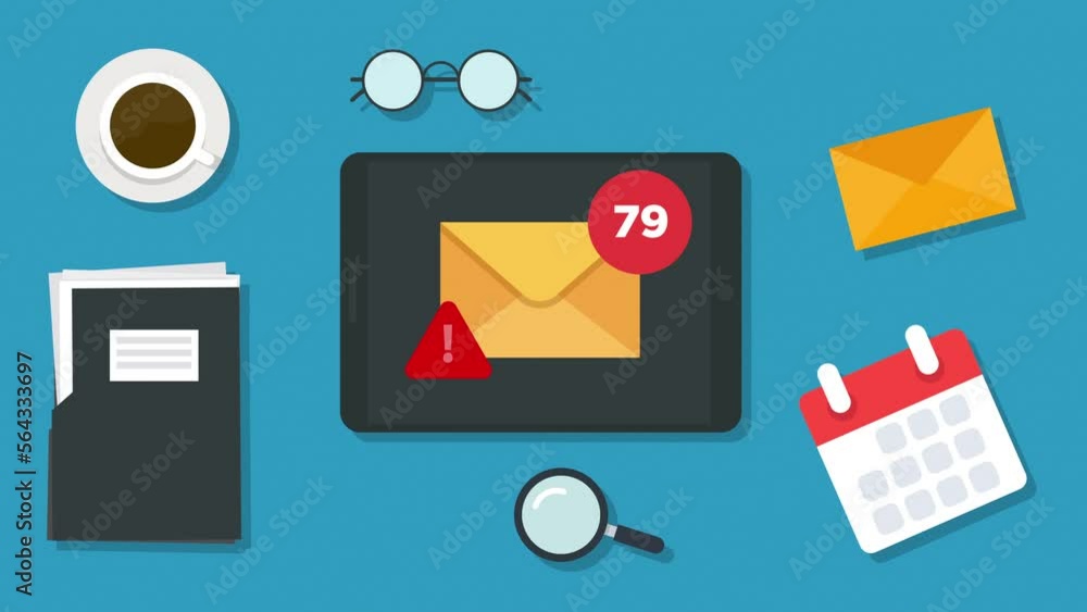 Poster too many e-mails and spam alert concept motion animation. workplace view tablet with paper documents