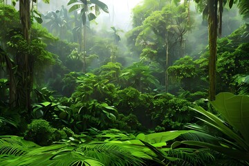 A dark tropical forest in the rain. Generative AI - obrazy, fototapety, plakaty