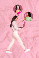 Vertical collage of positive girl walking use netbook communicate people isolated on crumpled pink...
