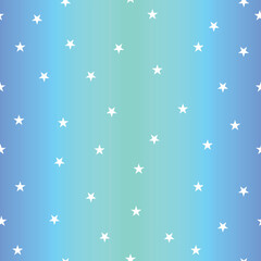 Fototapeta na wymiar Starry Seamless Vector Pattern. White Tiny Stars Isolated on a Blue-Mint Blurry Background. Simple Repeatable Print with Confetti od Star Shape ideal for Textile, Wrapping Paper, Fabric. 