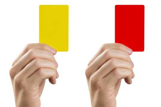 Football (soccer) referee hand holding yellow and red cards, cut out - Powered by Adobe