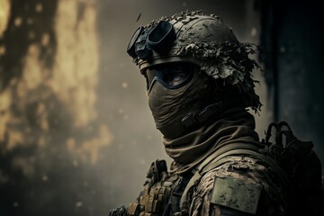 An elite soldier in camouflage and heavily armed, stands in a smoke-filled battlefield after an explosion. He quickly assesses the situation and is ready for any threat. Created with generative AI.