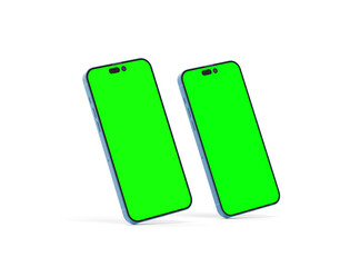 Two smartphones 14 pro max mockup for App and Website UI branding. 2 Phones in front and back side. 3D render