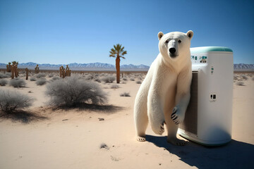 un ours polaire dans un désert à côté d'un bloc de climatisation pour illustrer le réchauffement climatique - illustration ia - obrazy, fototapety, plakaty