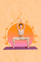 Photo cartoon comics sketch collage picture of sexy smiling lady instructor yoga lesson isolated...
