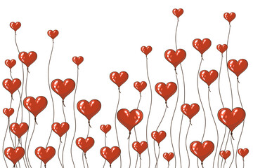 Valentine's day background with red and pink hearts like balloons on white background