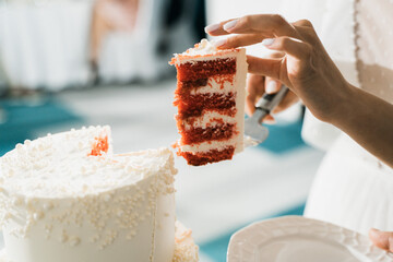 bride cuts first piece of wedding cake