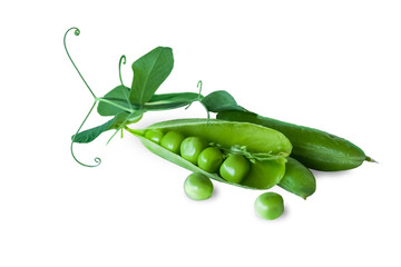 Fresh green pea pod with beans isolated on white background. 