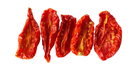 Sundried or dried tomato halves. Clipping paths, shadowless. top view. set.