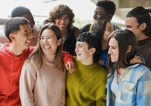 Young Multiracial People Having Fun Together Outside Of Univeristy - Concept Of Diversity And Friendship