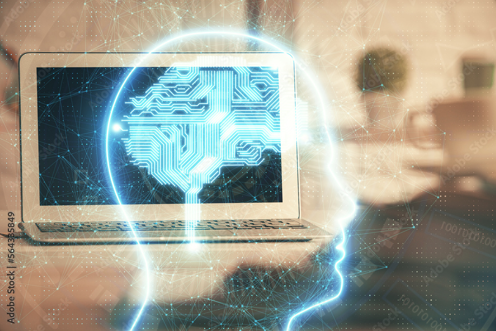Poster double exposure of work space with computer and human brain drawing hologram. brainstorm concept.