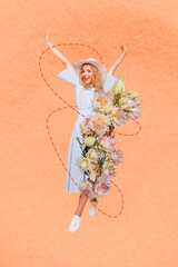 Creative photo collage of young woman wearing sunhat beautiful stylish summer outfit celebrate...