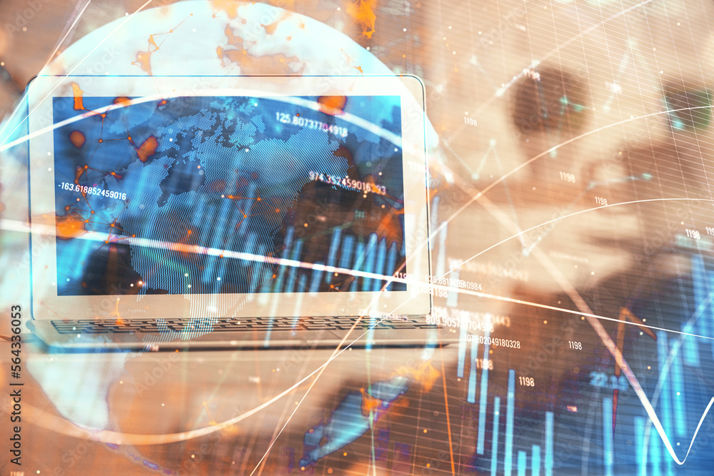 Poster multi exposure of forex graph and work space with computer. concept of international online trading.