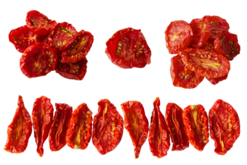 Sundried or dried tomato halves. Clipping paths, shadowless. top view. set.