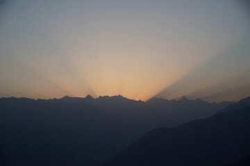 Himachal, India - June 6th, 2022 : Mountain valley during sunrise. Natural summer landscape