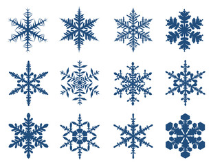 Set of copyright six-pointed blue snowflakes on a white background. Winter holidays decoration. Vector image of a Christmas symbol.