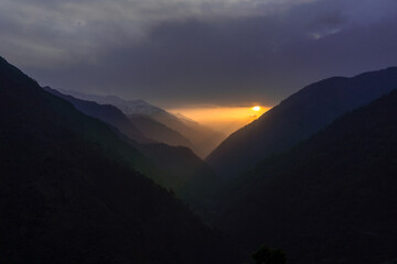 Himachal, India - June 6th, 2022 : Mountain valley during sunrise. Natural summer landscape