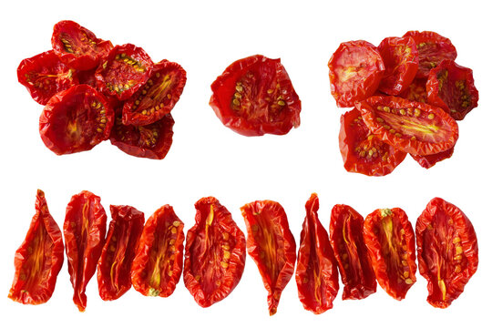 Sundried or dried tomato halves. Clipping paths, shadowless. top view. set.