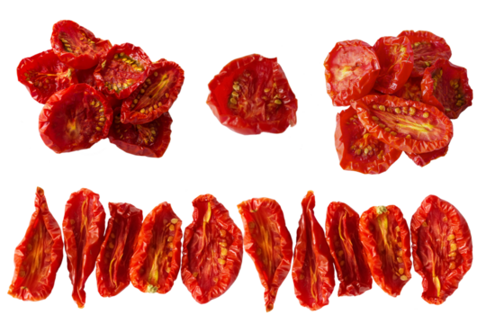 Sundried or dried tomato halves. Clipping paths, shadowless. top view. set.