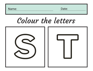 letter S - T coloring practice worksheet with all numbers for kids learning to count  Worksheet. illustration vector
