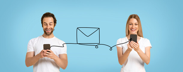 Happy Man And Woman Holding Smartphones Connected With Envelope Shape String