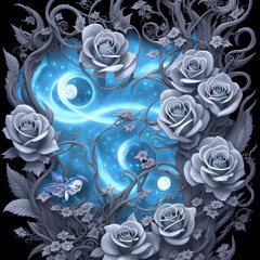 floral background with bioluminesence blue background fantasy theme roses generative ai