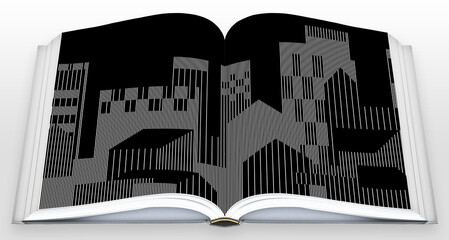 Skyline of a modern hypothetical city - Real opened book concept with white lines on black background