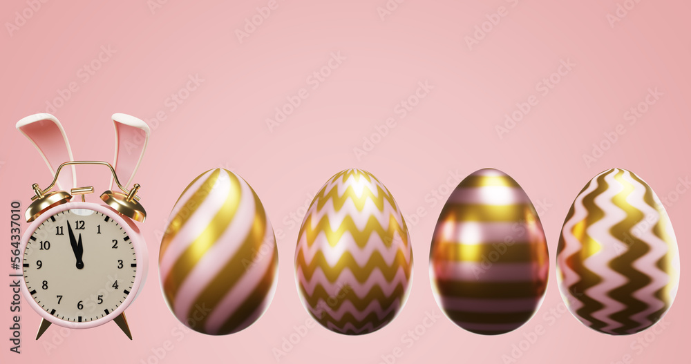 Poster easter. pink alarm clock in rabbit ears and shiny eggs. 3d rendering