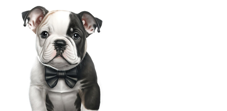 English Bulldog puppy dog is wearing a black dapper bow tie, isolated on a white background.  Photo of a pet dog. A very sweet pup with expressive eyes. . Image was created with generative ai art.