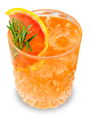Summer drink cocktail. Glass of iced cold Aperol spritz cocktail decorated with slices of orange...