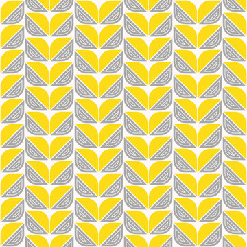 Geometric flowers seamless in yellow and gray on white background. For fashion graphics such as all-over print for fabrics, home decor such as wallpapers, tablecloths, bedclothes or for wrapping © Yona