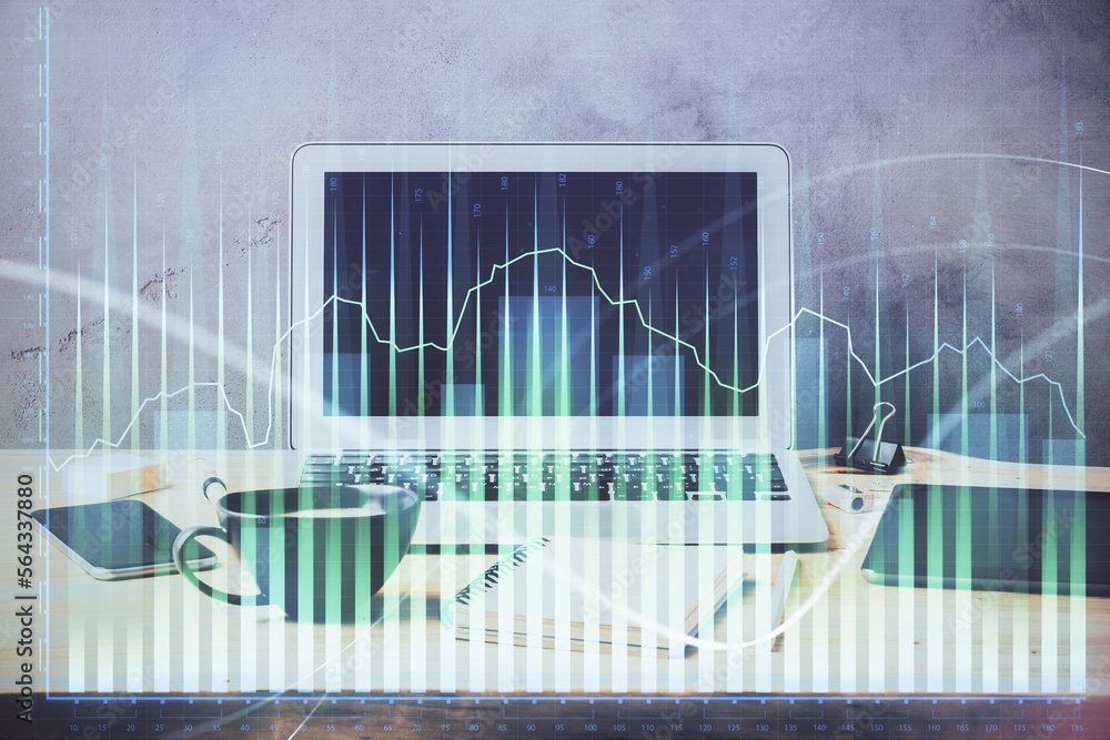 Poster multi exposure of forex graph and work space with computer. concept of international online trading.
