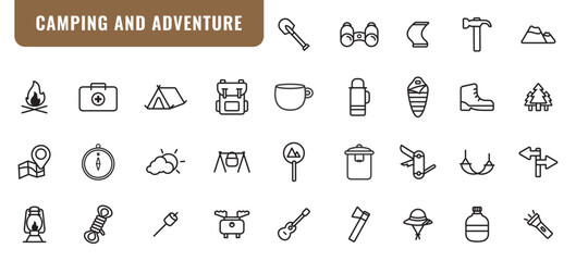 Ser of Camping, outdoor, and adventure outline icon vector design