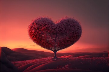 Heart Tree - Love For Nature - Red Landscape At Sunset. Generative AI