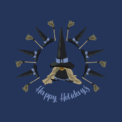 Image of a cute witch with hats and brooms in a circle on a dark blue background. Happy Holidays