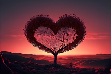 Heart Tree - Love For Nature - Red Landscape At Sunset. Generative AI