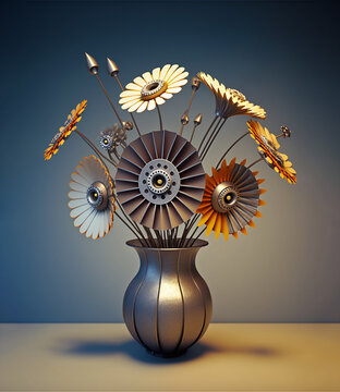 Surreal metal flowers arranged in a metal vase. AI generated illustration.