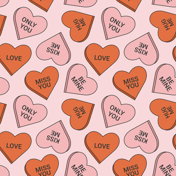 Seamless Pattern In Trendy Retro Groovy Style. With Valentines Day Elements. Red And Pink Candy Hearts