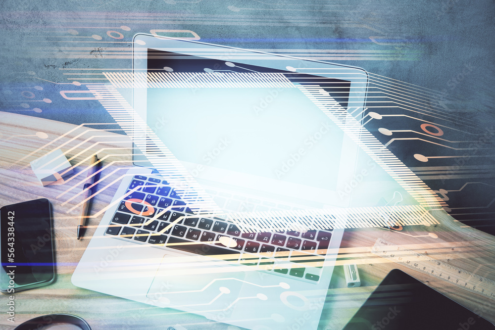 Aufkleber Double exposure of desktop computer and technology theme hologram. Concept of software development.